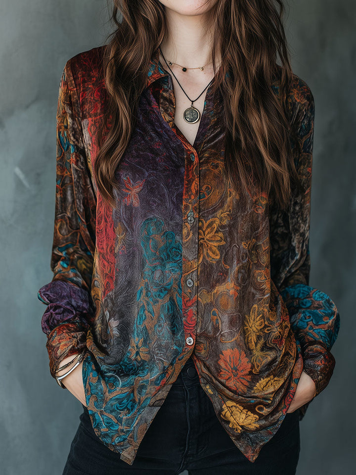 Bohemian Floral Velvet Blouse with Long Sleeves and Button Details