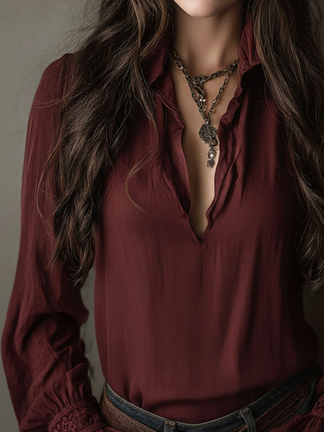 Deep Red Boho V-Neck Blouse Featuring Lace Cuffs
