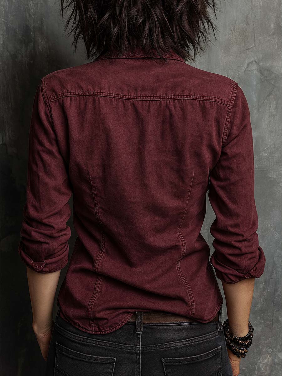 Vintage-Inspired Long Sleeve Denim Shirt with Chest Pocket