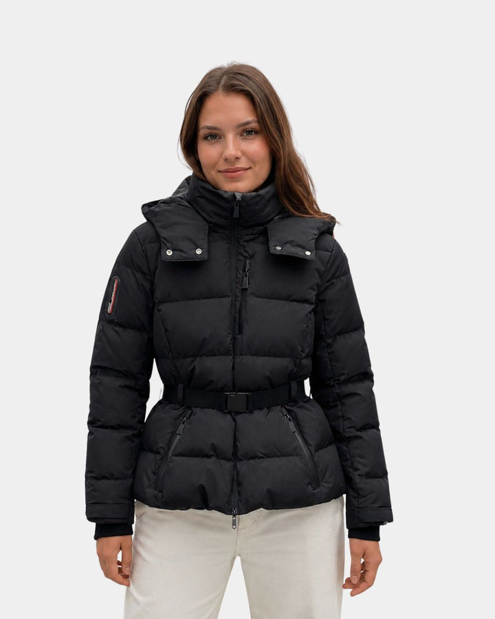 High-Collar Black Quilted Coat with Belt