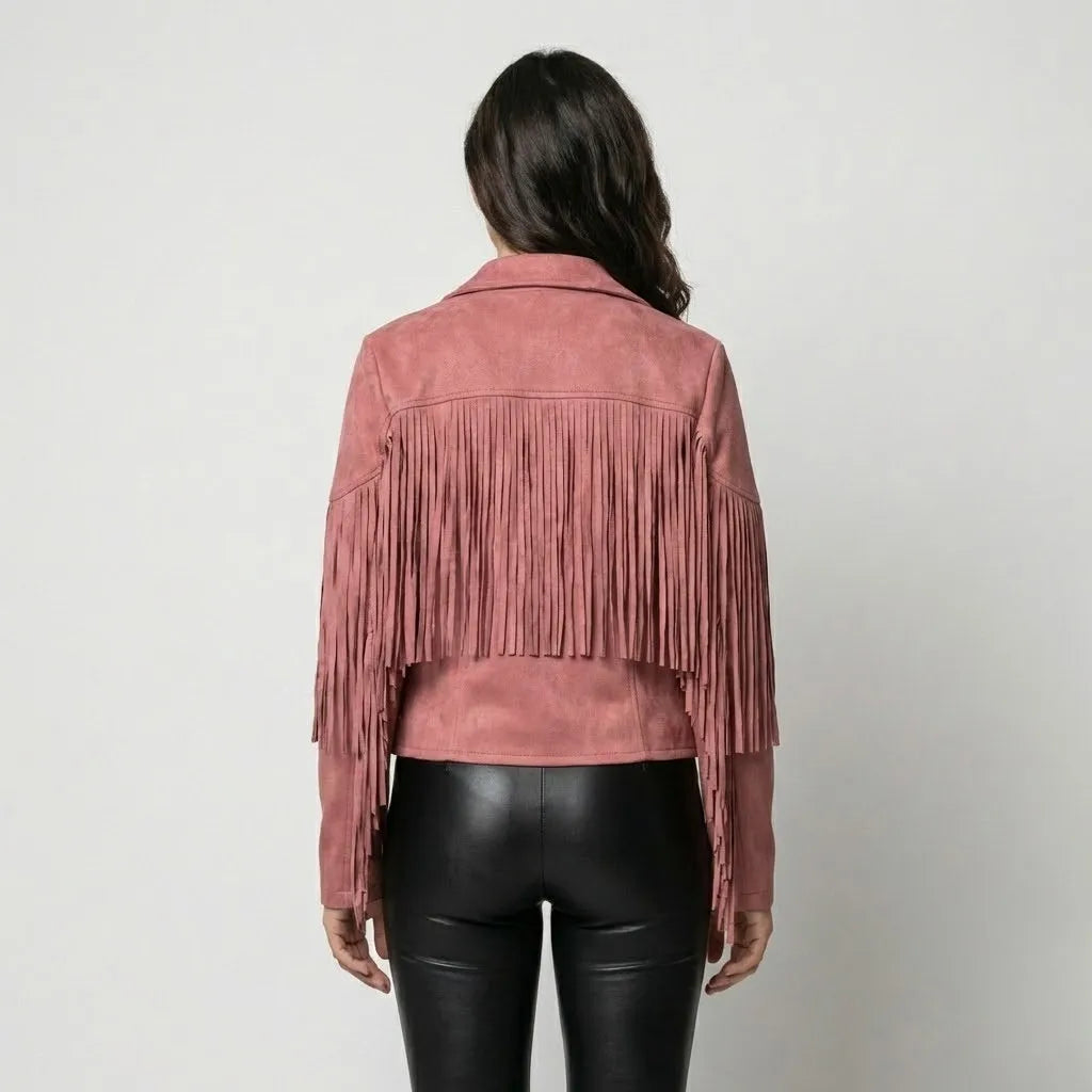Boho-Inspired Short Jacket with Suede Finish and Fringe Details