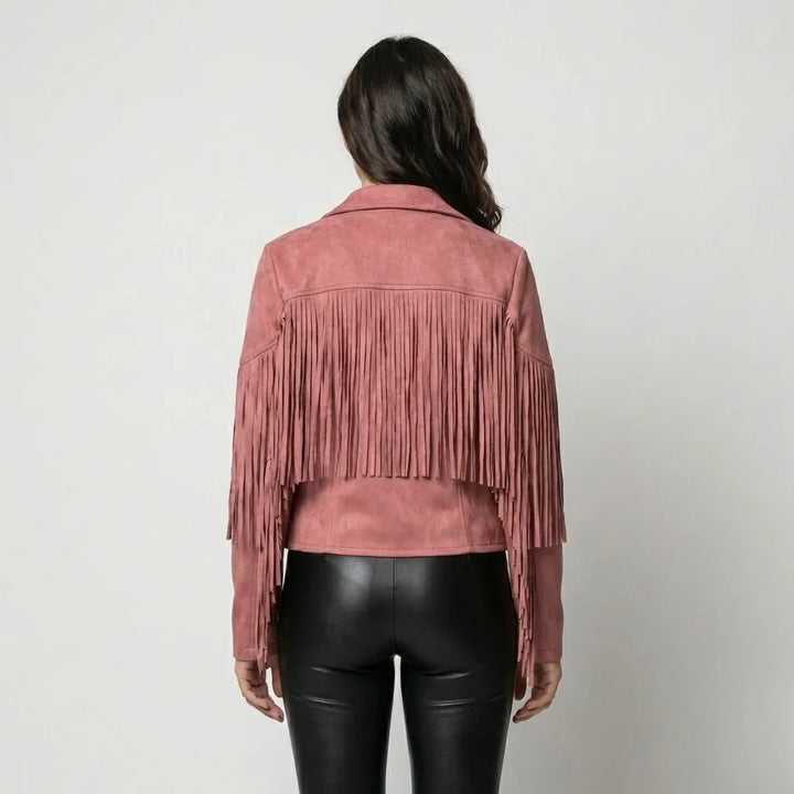 Boho-Inspired Short Jacket with Suede Finish and Fringe Details