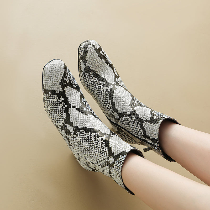 Snake Print Leather Ankle Boots