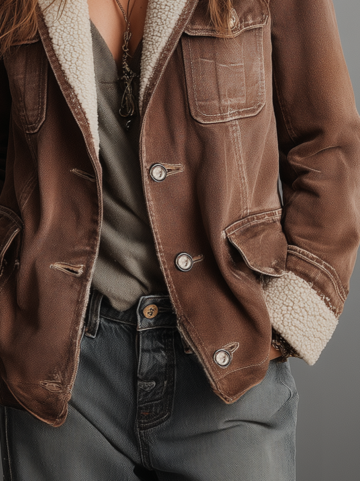 Vintage-Inspired Denim Jacket Featuring Multiple Pockets and Cozy Faux Sherpa Lining