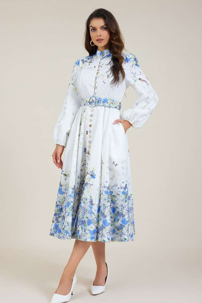 Amelia – Classic Floral Blue High Neck Elegance