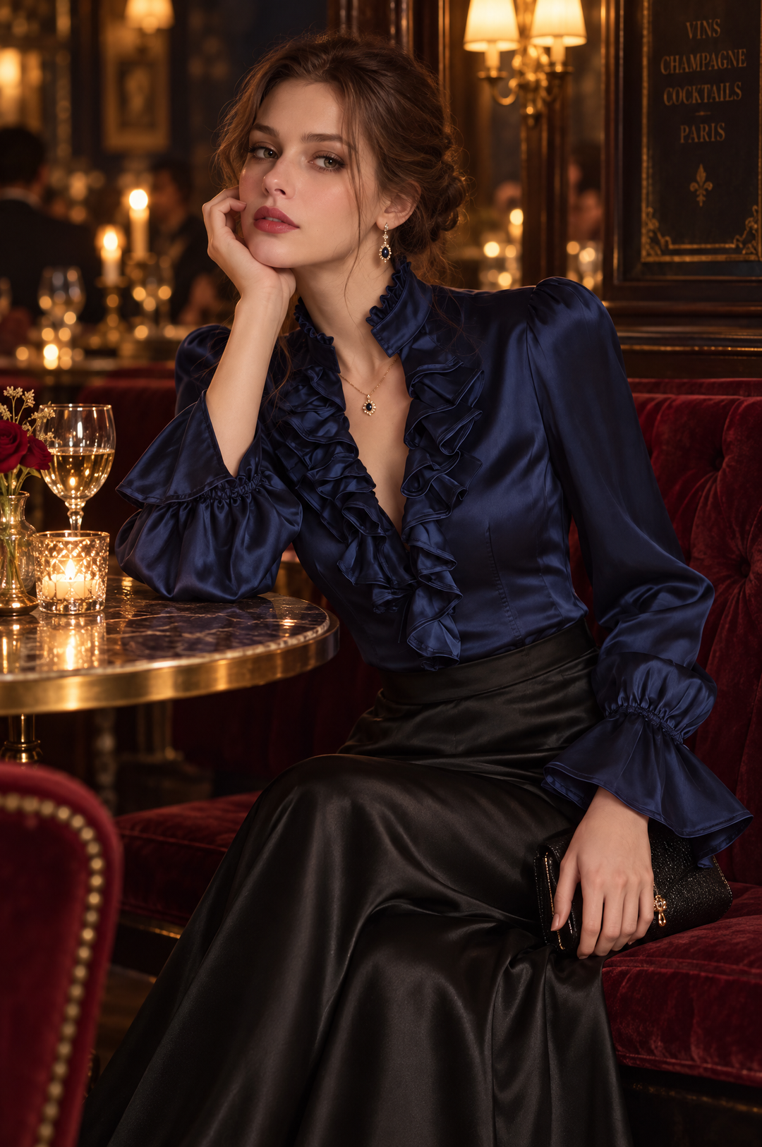 Elegant Blue Satin Blouse with Seamed Details and Bell Sleeves - Subtle Luxury