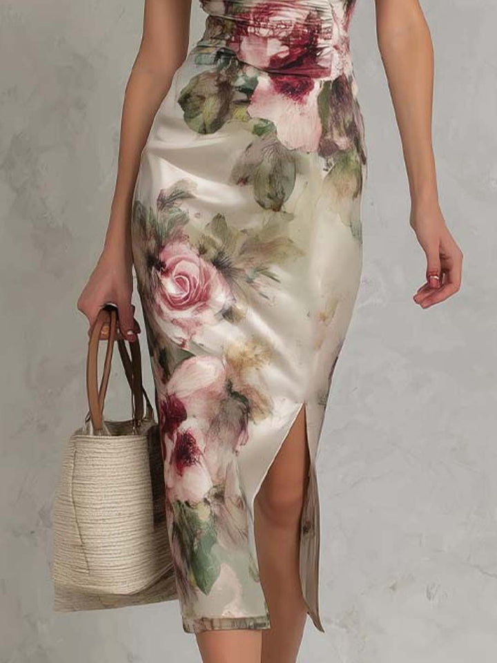 Floral Print Midi Satin Dress with Side Slit