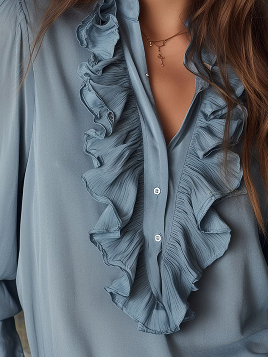 Dark Blue Striped Satin Blouse with Button Details
