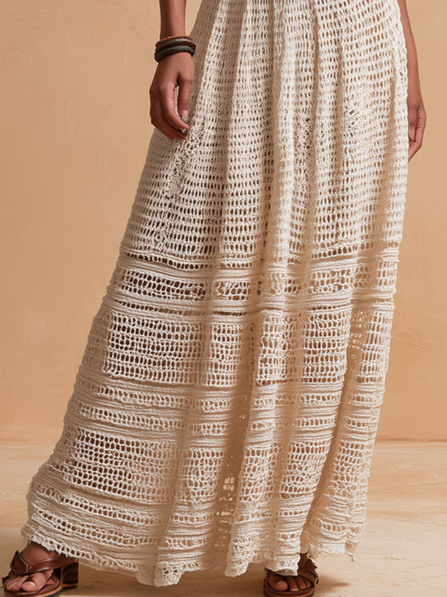 Elephant-Colored Handmade Maxi Dress with Crochet Detail and Waist Belt