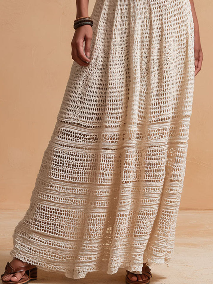Elephant-Colored Handmade Maxi Dress with Crochet Detail and Waist Belt