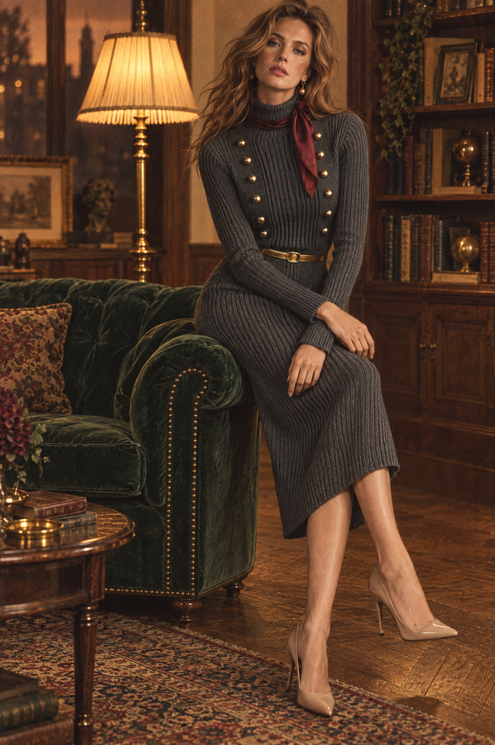 Napoleon-Inspired Midi Knitted Rib Dress with Gold Buttons