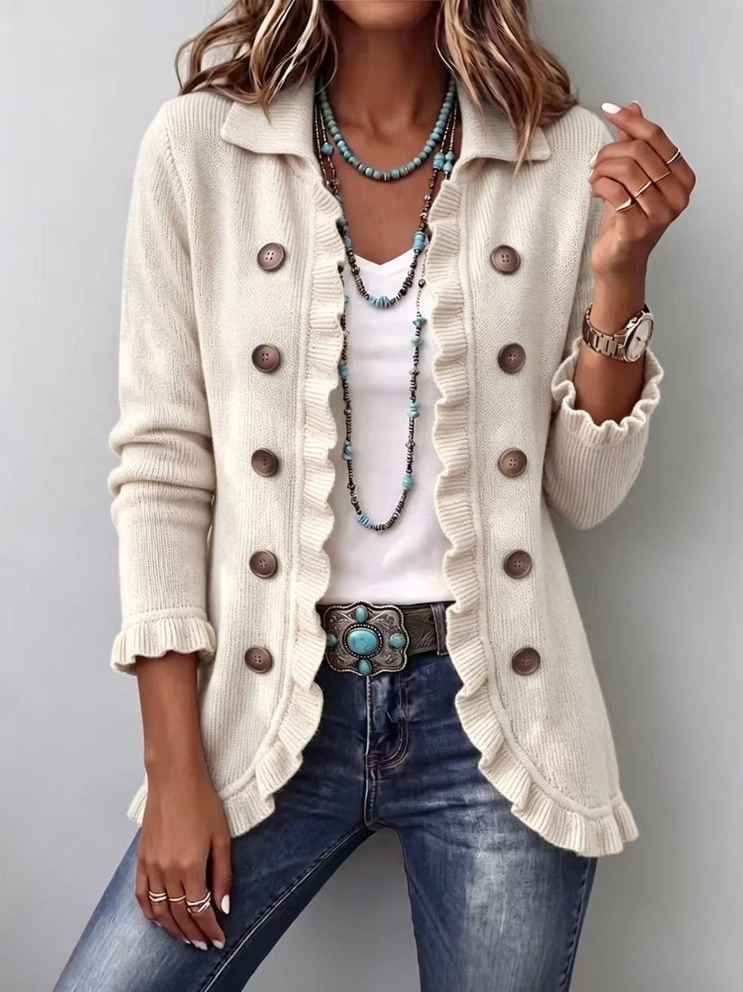 Rosaleen | Ivory Ribbed Knit Ruffle Jacket