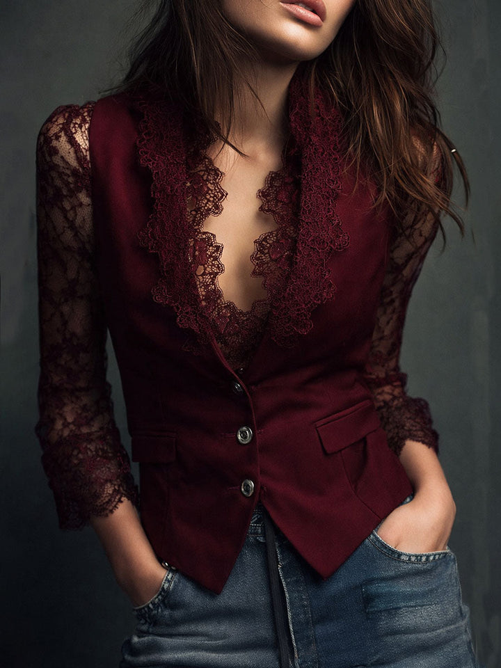 Chic Black Blazer Featuring Lace Sleeves