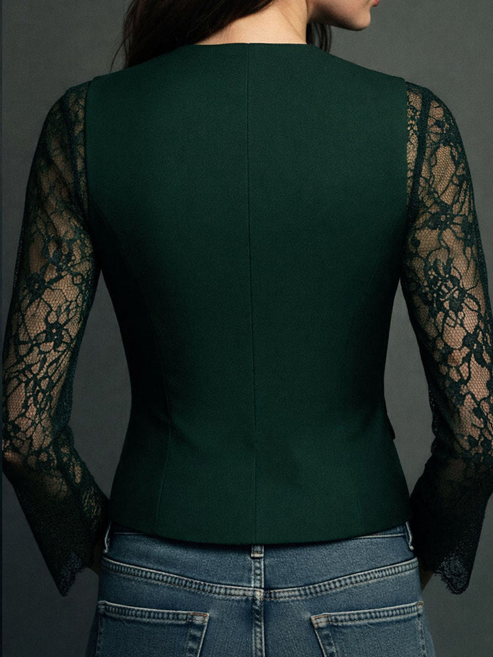 Chic Black Blazer Featuring Lace Sleeves