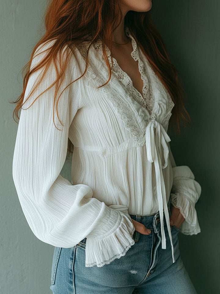 Striped White Boho Blouse with Front Tie Detail