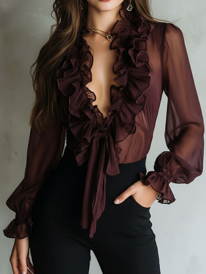 Vintage-Inspired Sheer Blouse with Pleated Details and Front Tie
