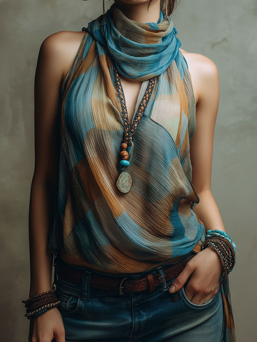 Blue and Amber Satin-Neck Blouse