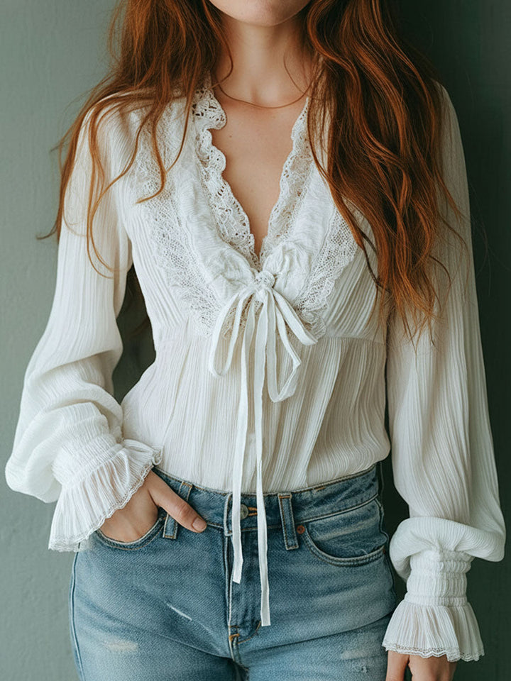 Striped White Boho Blouse with Front Tie Detail