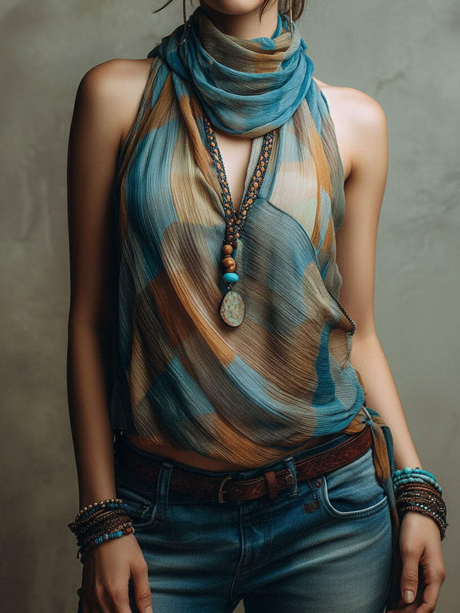 Blue and Amber Satin-Neck Blouse