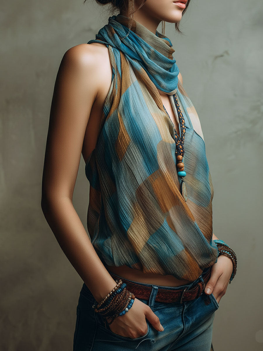 Blue and Amber Satin-Neck Blouse