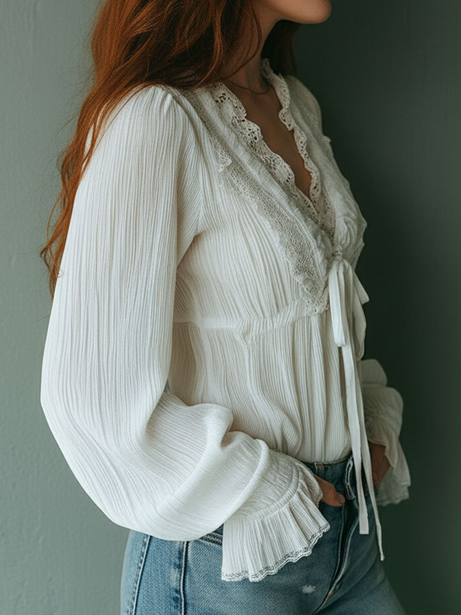 Striped White Boho Blouse with Front Tie Detail