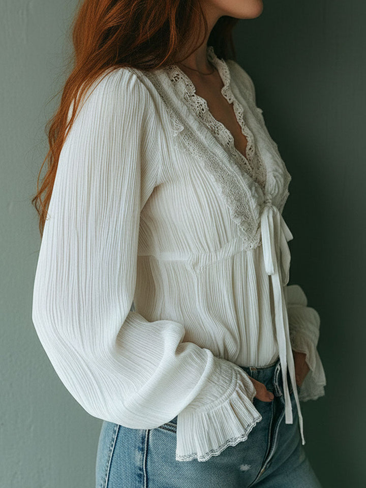 Striped White Boho Blouse with Front Tie Detail