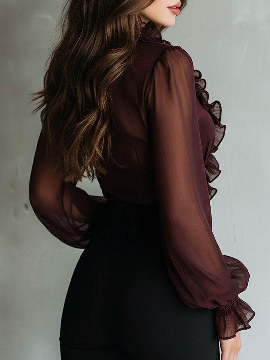 Vintage-Inspired Sheer Blouse with Pleated Details and Front Tie