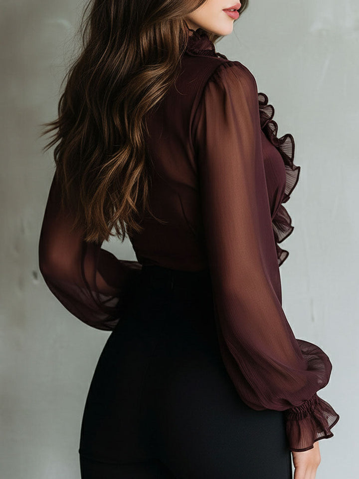 Vintage-Inspired Sheer Blouse with Pleated Details and Front Tie