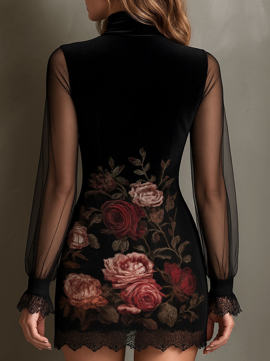 Sheer Pink Velvet Mini Dress with Lace Accents and Print