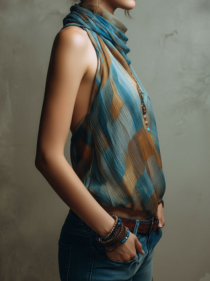 Blue and Amber Satin-Neck Blouse
