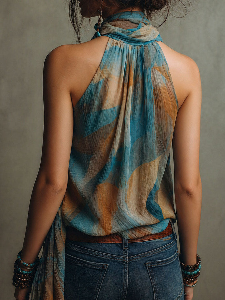 Blue and Amber Satin-Neck Blouse