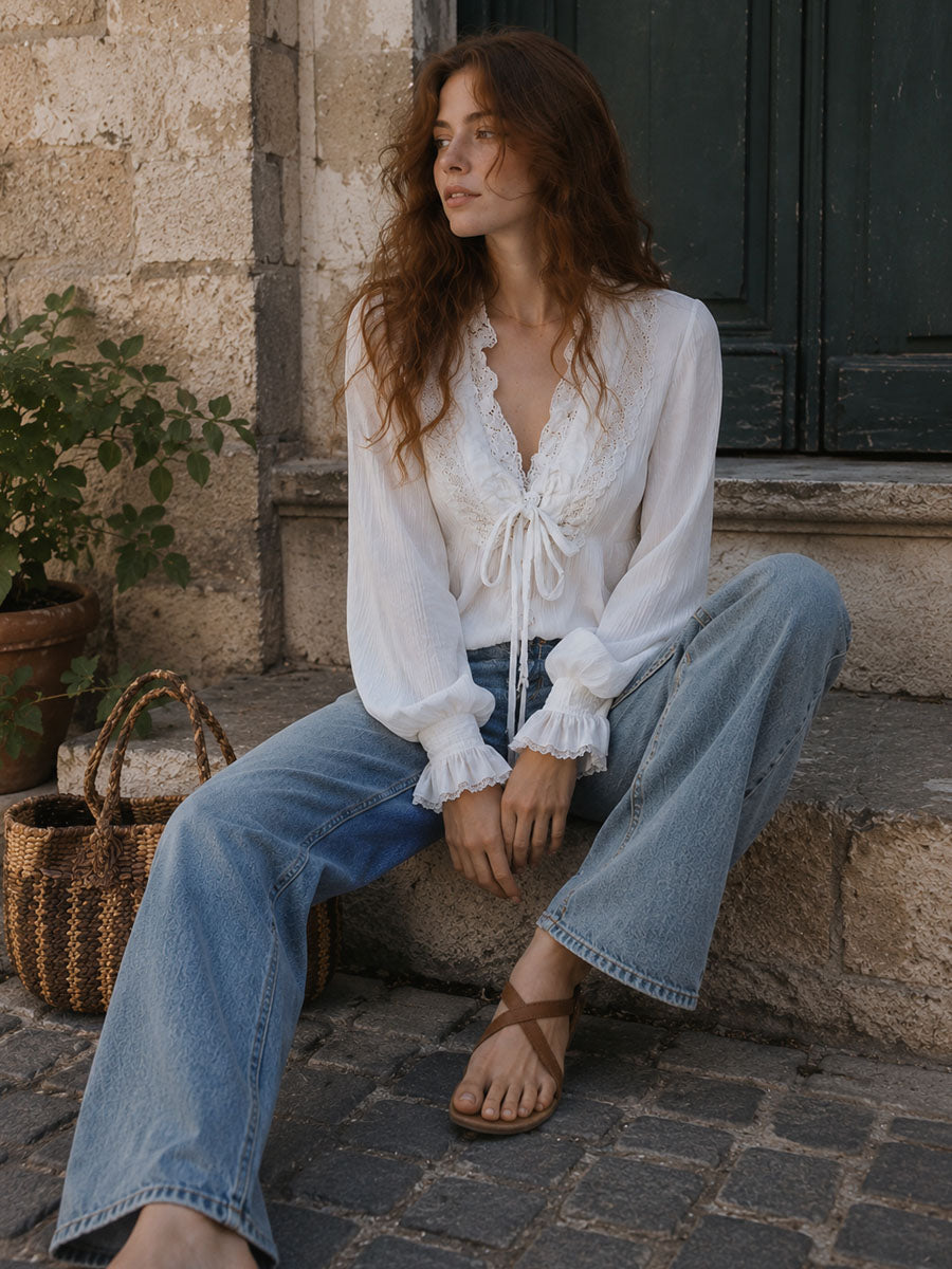 Striped White Boho Blouse with Front Tie Detail