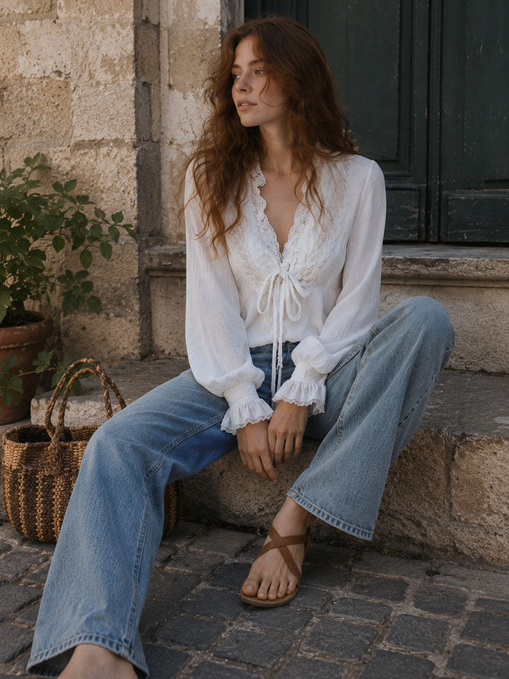 Striped White Boho Blouse with Front Tie Detail