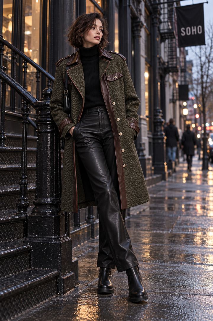 Retro Mini Wool Blend Coat Featuring PU Panels in Rug Pattern