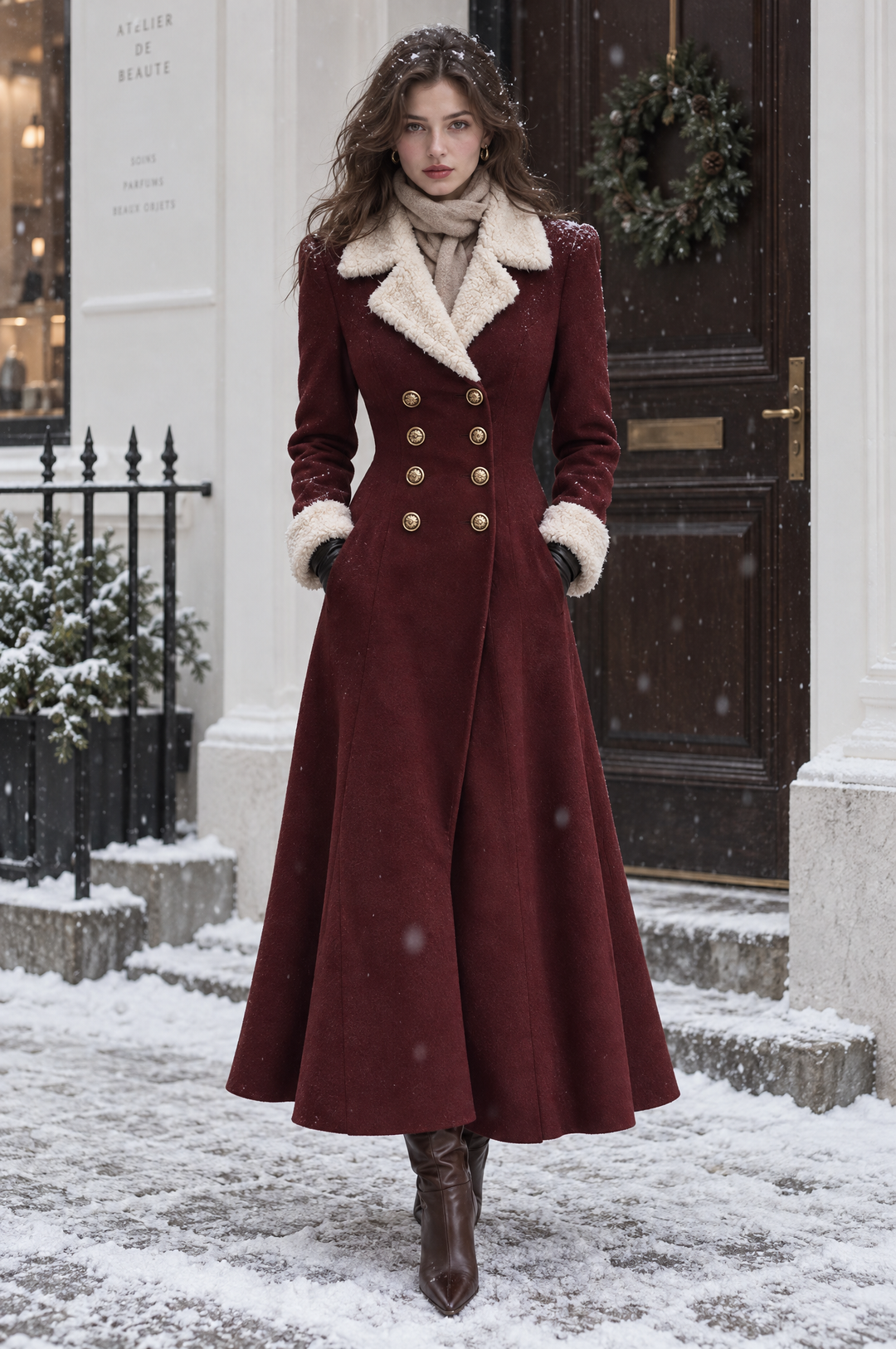 Classic Women's Long Wool Coat with Faux Fur Collar and Double-Breasted Buttons