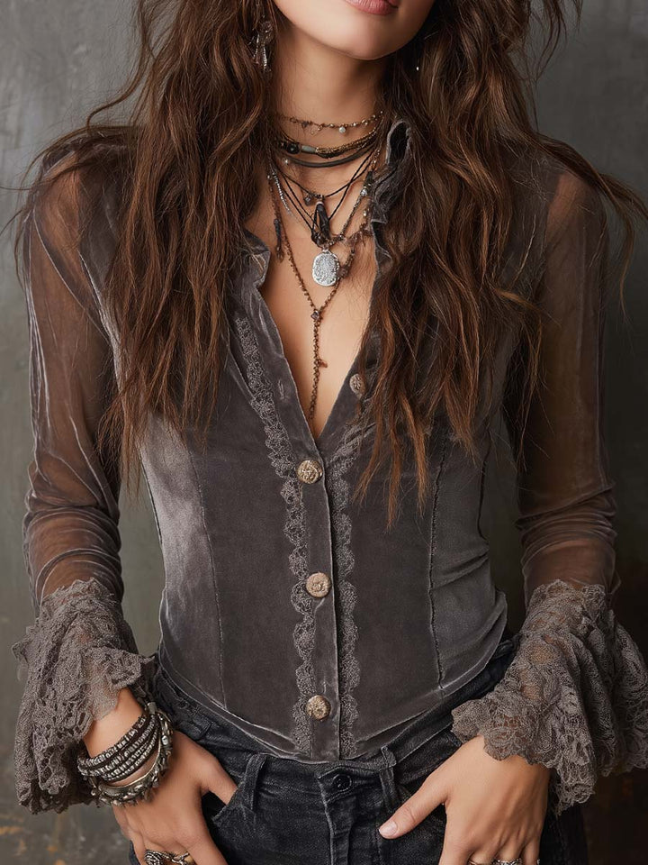 Retro Velvet Blouse Featuring Sheer Sleeves and Lace Details