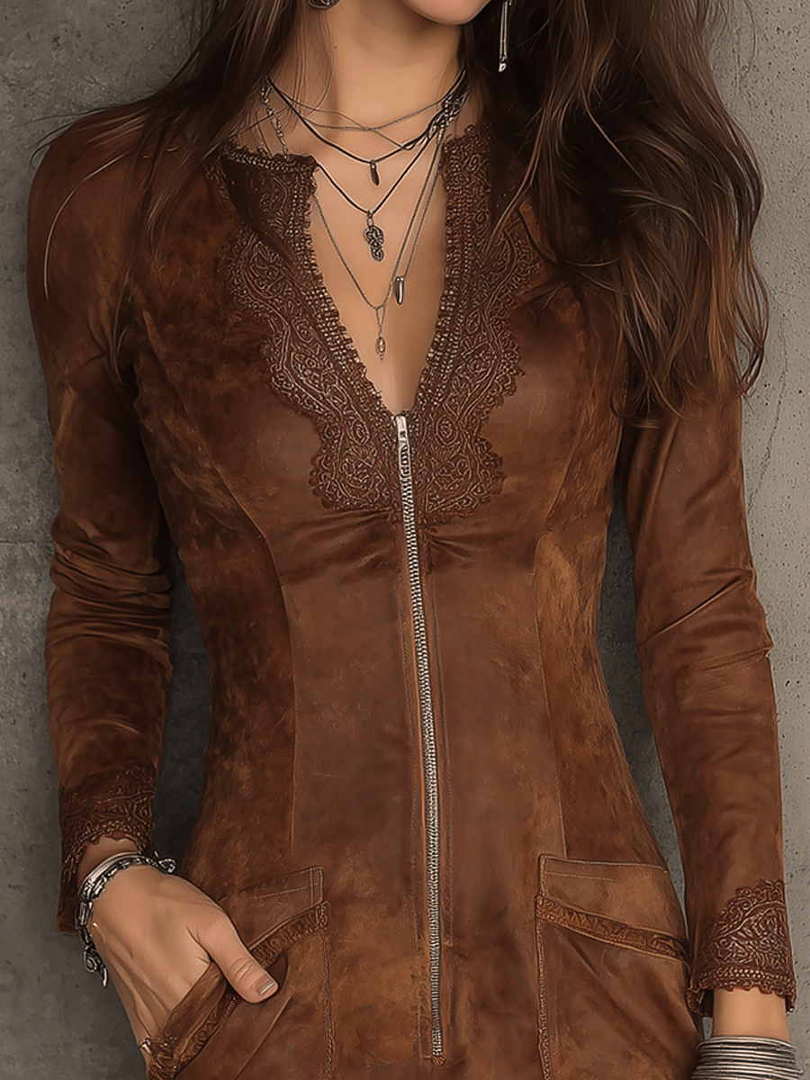 Retro Caramel Brown Suede Dress Featuring Lace and Zip Details