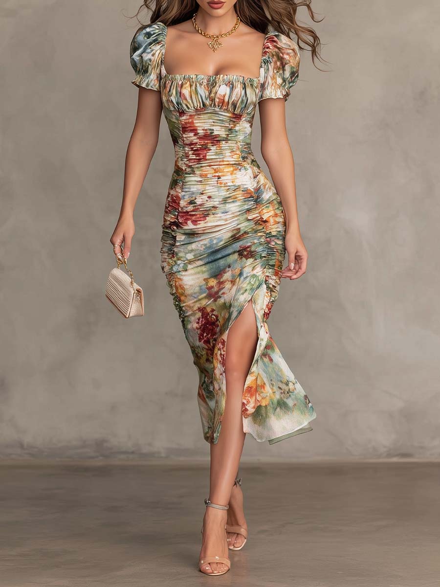 Vintage-Inspired Floral Midi Dress with Square Neckline