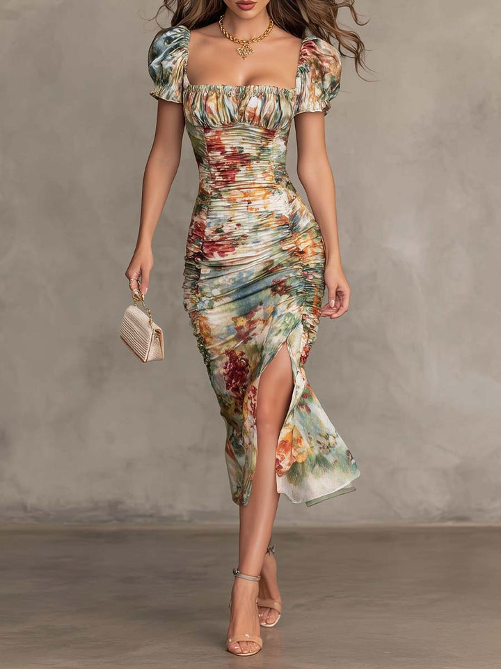 Vintage-Inspired Floral Midi Dress with Square Neckline
