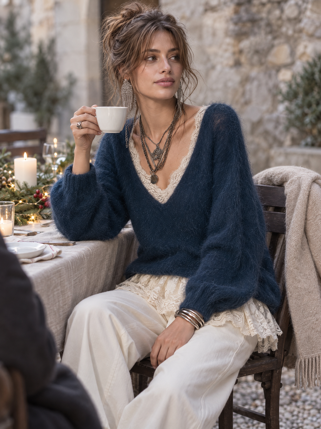 Elegant Mohair Top with Stylish Faux Layering and Lace Accents.