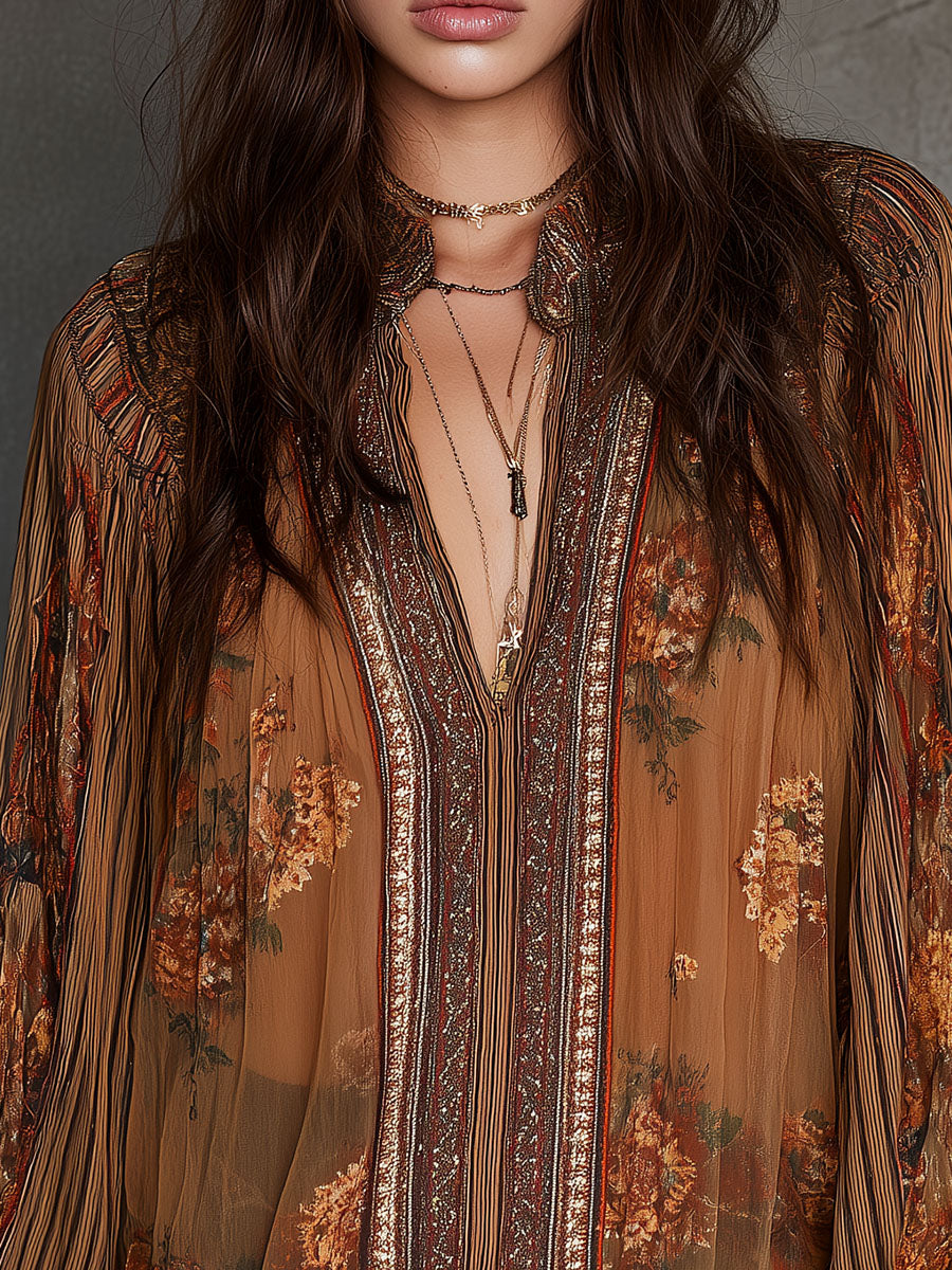 Retro Bohemian Sheer Floral Blouse with Puff Sleeves