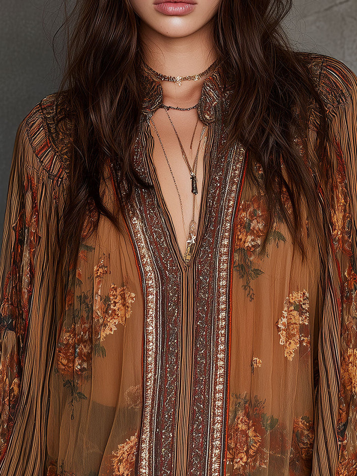 Retro Bohemian Sheer Floral Blouse with Puff Sleeves