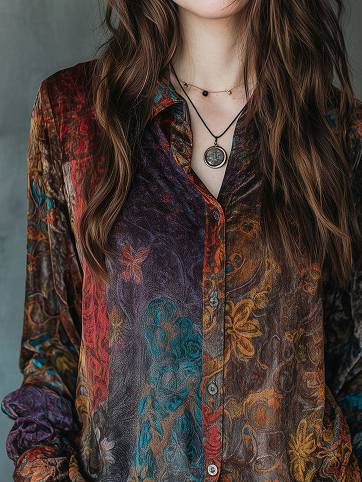 Bohemian Floral Velvet Blouse with Long Sleeves and Button Details
