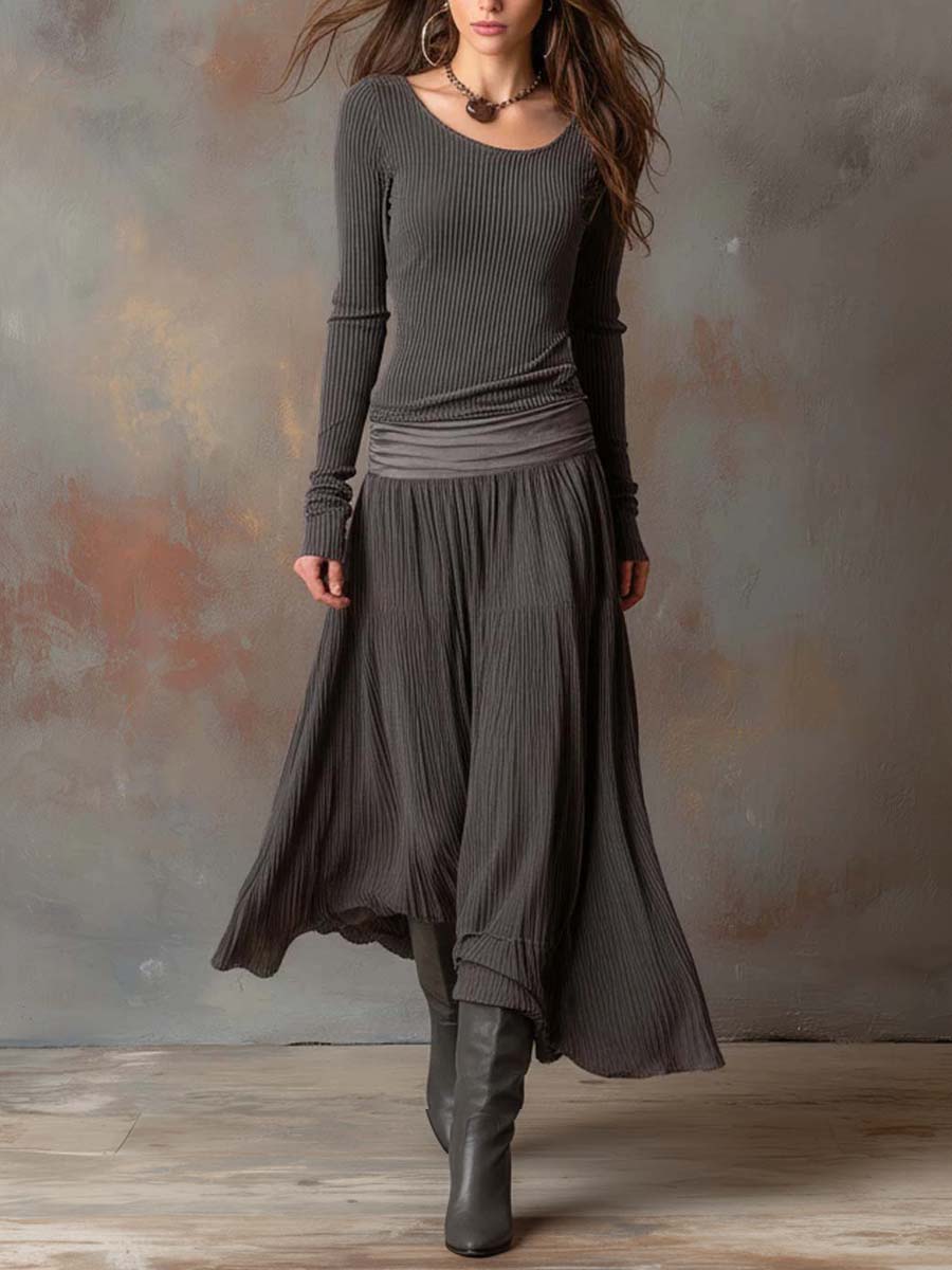Charcoal Grey Vintage Ribbed Knit Long Dress