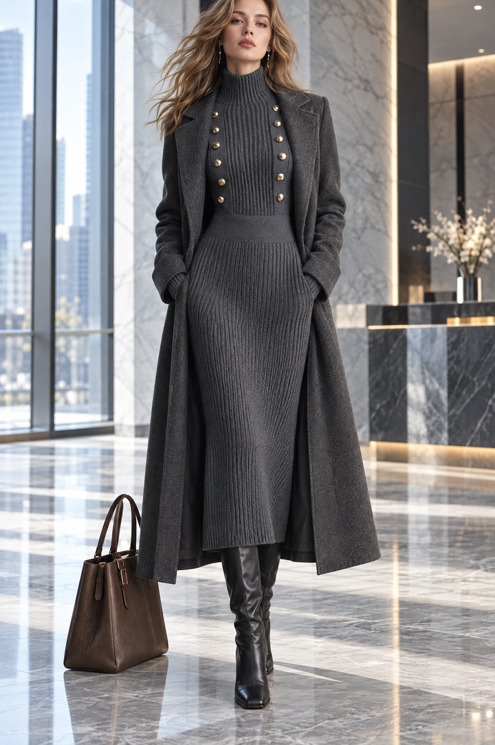 Napoleon-Inspired Midi Knitted Rib Dress with Gold Buttons