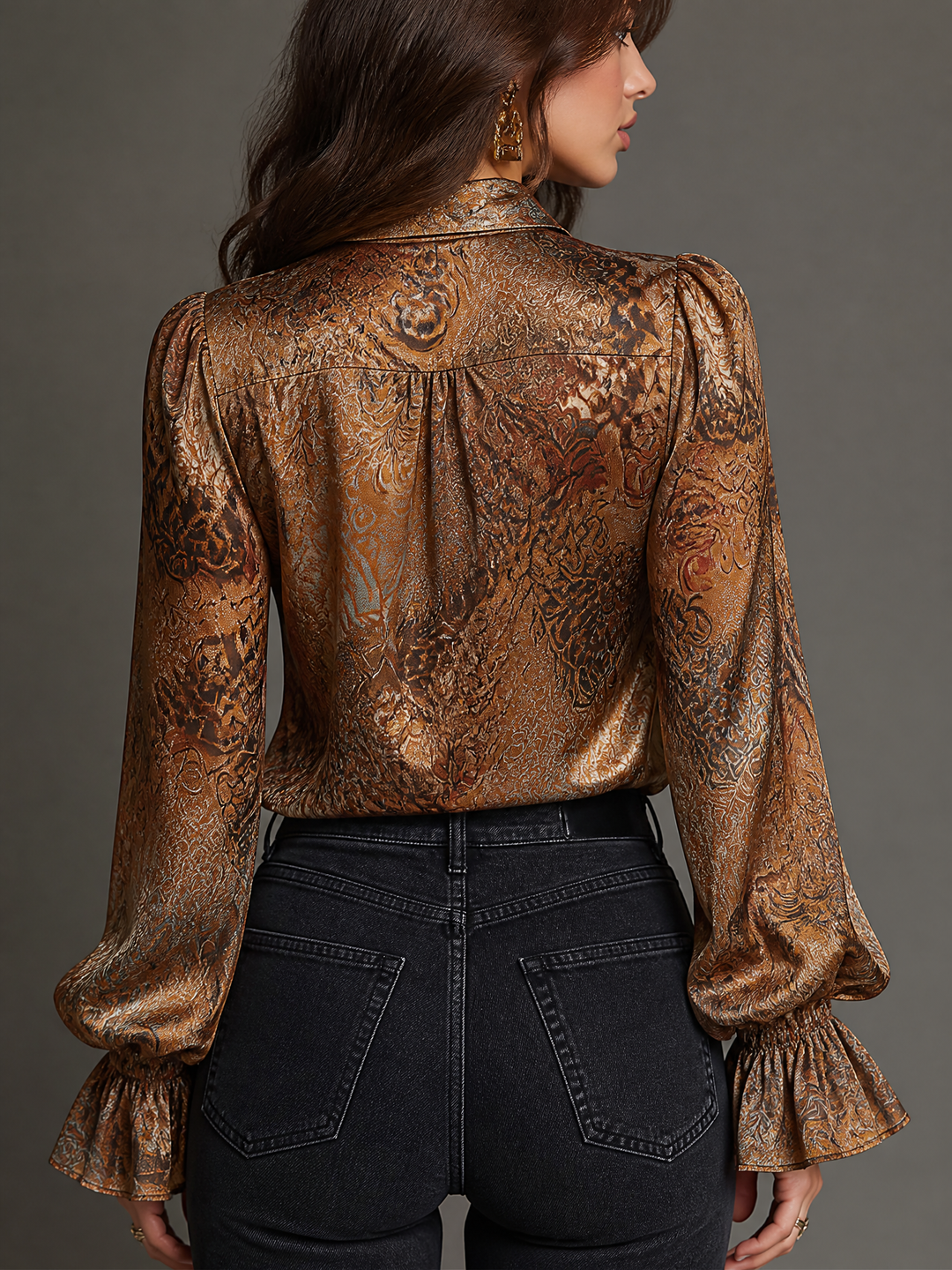 Vintage-Inspired Satin V-Neck Top with Ruffled Paisley Design