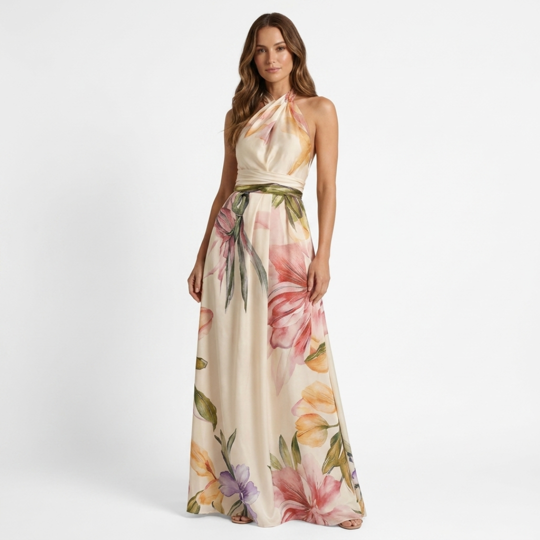 Astreia - Long dress with floral neckline and straps