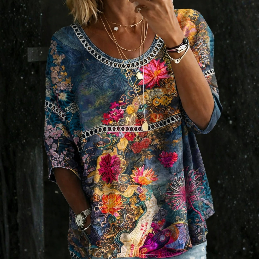 Sandra - Retro Floral Denim Top