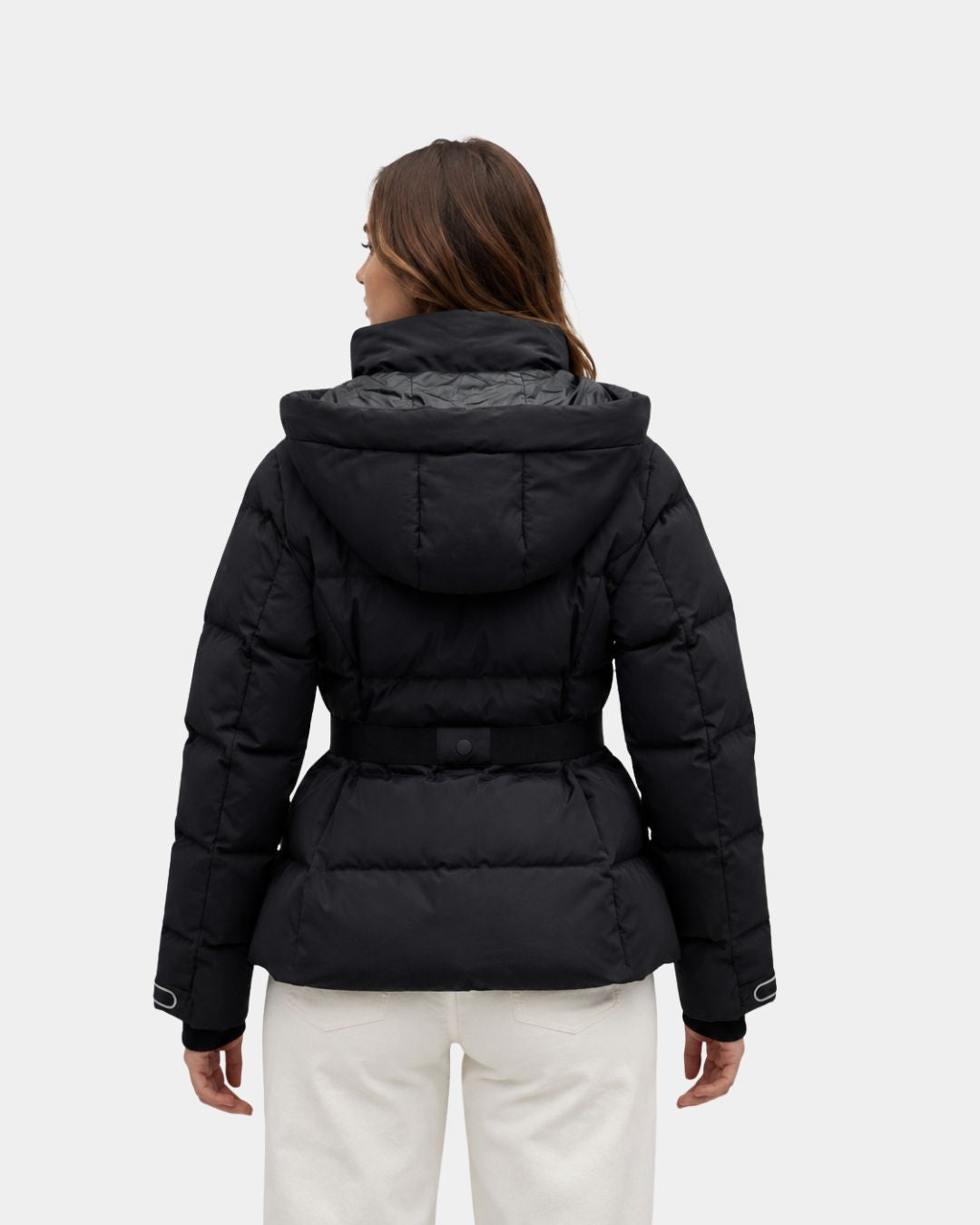 High-Collar Black Quilted Coat with Belt