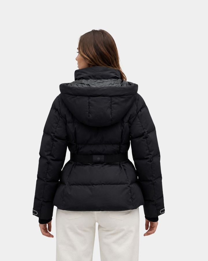 High-Collar Black Quilted Coat with Belt